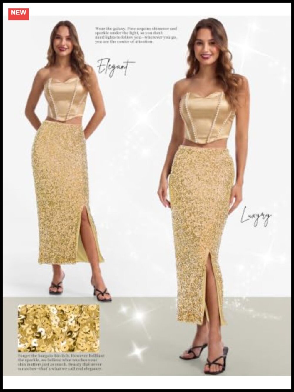 Sequin Pencil Midi Skirt with Side Slit Stretch Fit Party Skirt - Picture 3 of 6